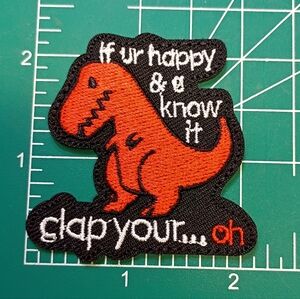 2/$10 Can't Clap Red Dinosaur Embroidered Patch